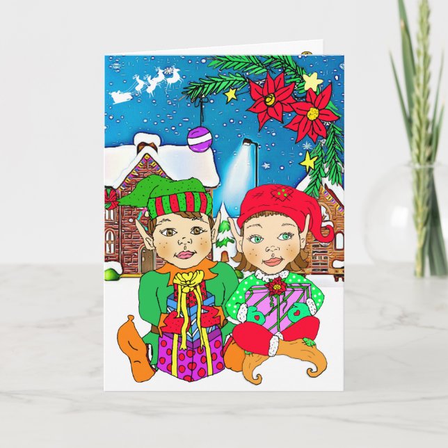 Carte Festive Joyeux Noël fille et petit elfes (Devant)