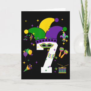 Carte Fête d'anniversaire 7 ans thème Mardi Gras 7 ans g