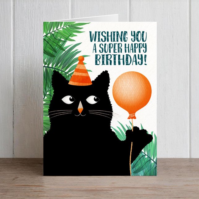 Carte fête d'anniversaire avec chat noir et ballon (Créateur téléchargé)