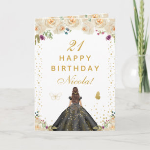 Carte Fête d'anniversaire de fille aux cheveux bruns flo