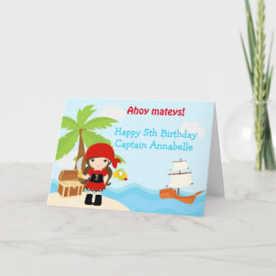 Carte Fête d'anniversaire de fille pirate brunette migno