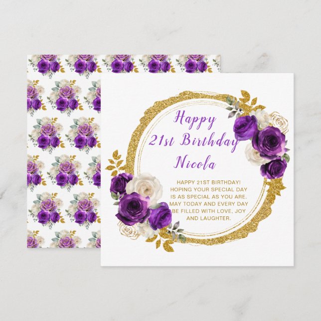 Carte Fête d'anniversaire de l'élégante fleur violet fon (Devant / Derrière)