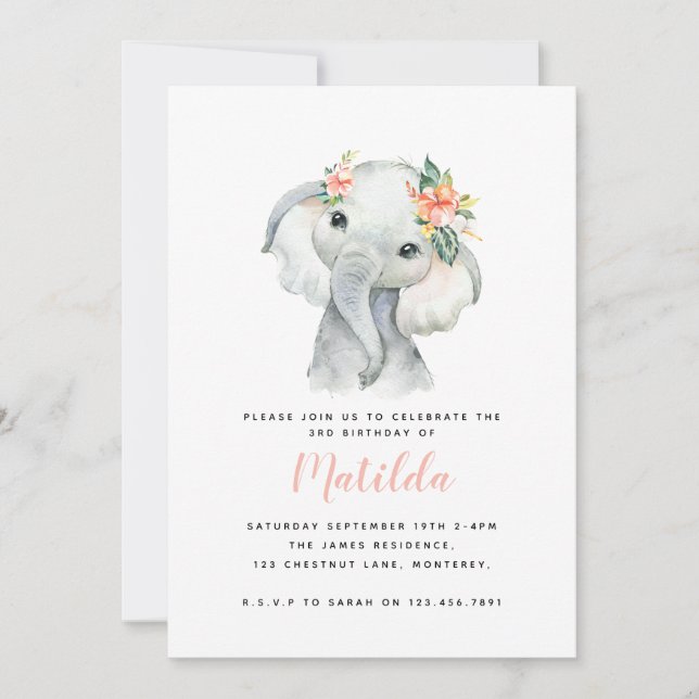 Carte Fête d'anniversaire de petite fille d'éléphant aqu (Devant)