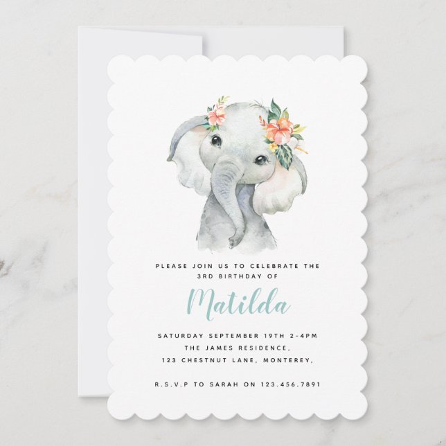 Carte Fête d'anniversaire de petite fille d'éléphant aqu (Devant)
