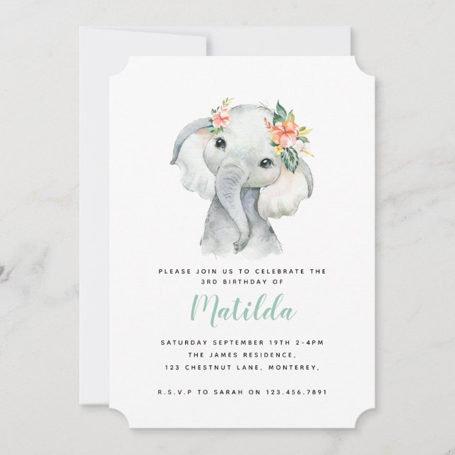 Carte Fête d'anniversaire de petite fille d'éléphant aqu (Devant)