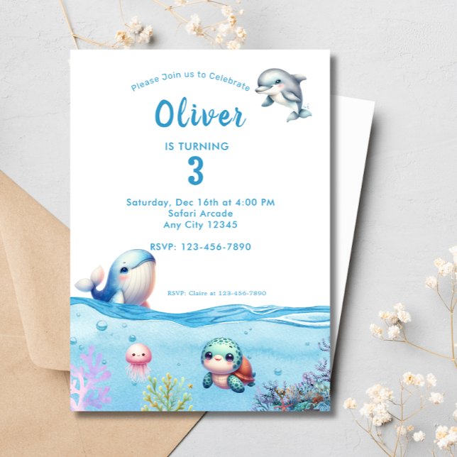Carte Fête d'anniversaire des enfants sous la mer Dauphi (Créateur téléchargé)