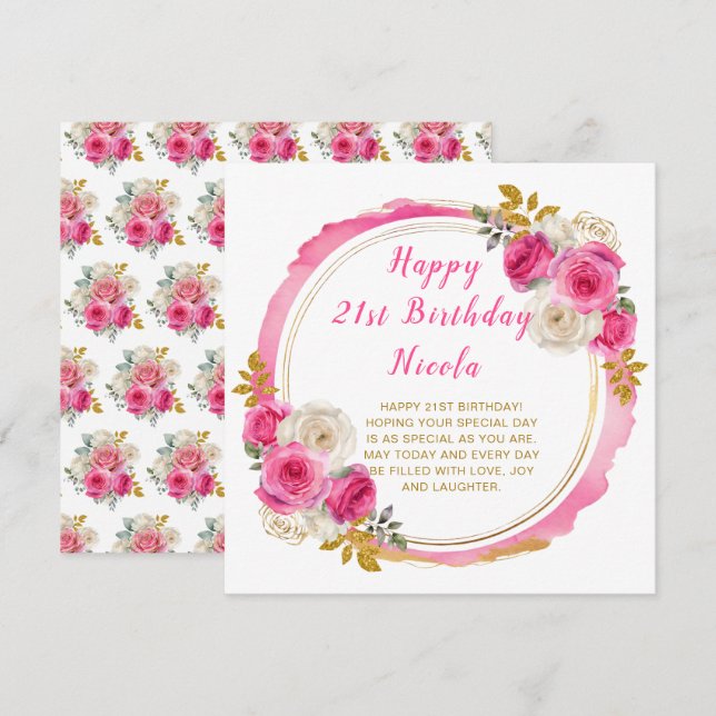 Carte Fête d'anniversaire Fleurs Élégantes Rose et Or (Devant / Derrière)