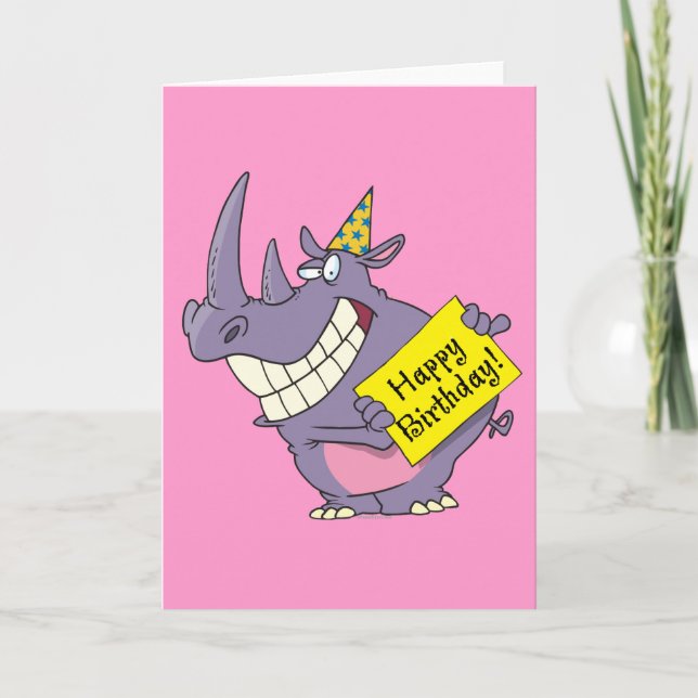 Carte fête d'anniversaire joyeuse dessin animé rhino (Devant)