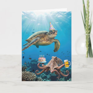 Carte Fête d'anniversaire Tortue de mer et Pieuvre Océan