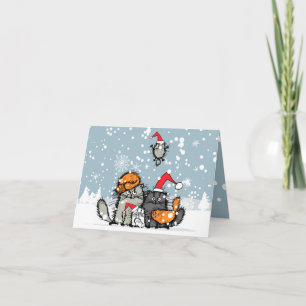 Carte Fête de famille Chat, neige, dessin animé, drôle d