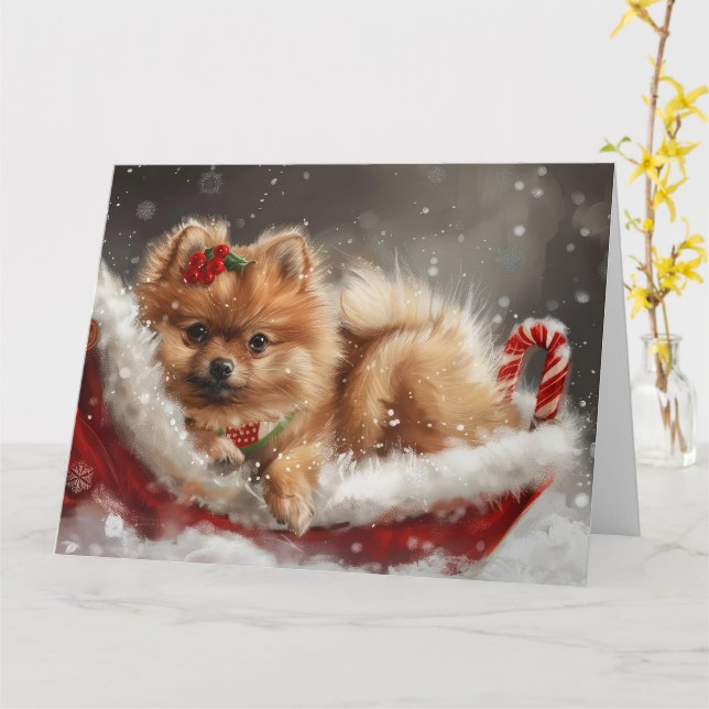 Carte Fête de Noël de Chien de Poméranie (Fleur jaune)