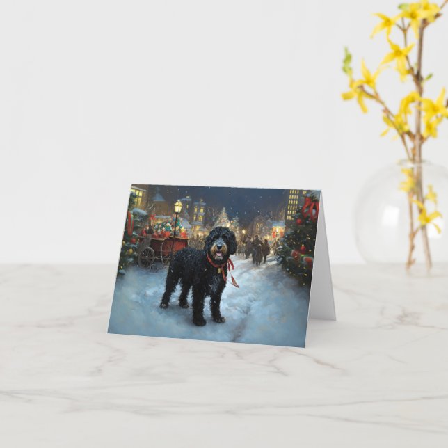 Carte Fête de Noël des chiens d'eau portugais (Fleur jaune)