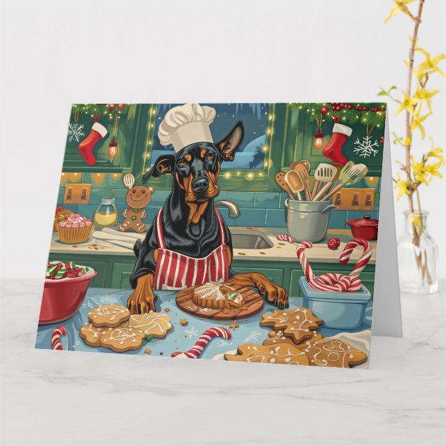 Carte Fête de Noël Doberman Pinscher (Fleur jaune)