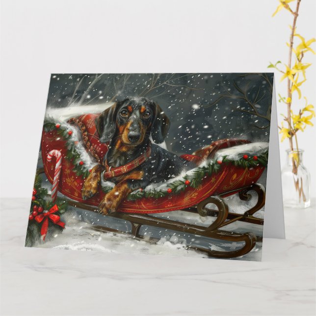 Carte Fête de Noël du chien Dachshund (Fleur jaune)