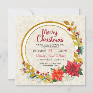 Carte Fête de Noël élégante or et poinsettia