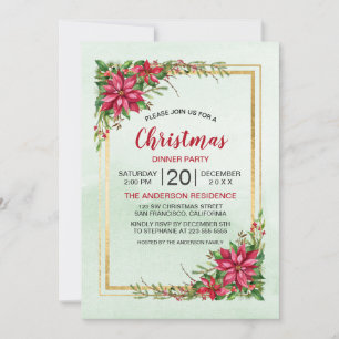 Carte Fête de Noël Rouge Poinsettia Floral Gold Frame