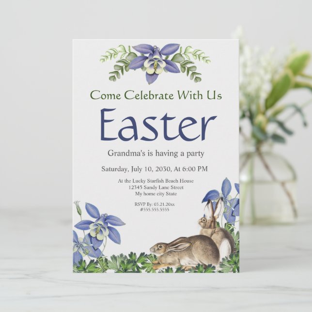 Carte Fête de Pâques Bleu élégant Floral Rabbit Aquarell (Debout devant)