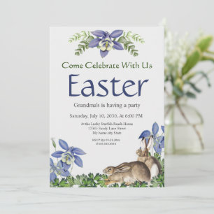Carte Fête de Pâques Bleu élégant Floral Rabbit Aquarell