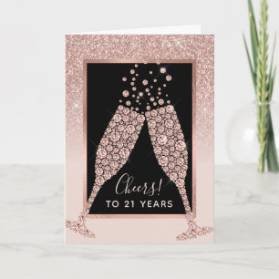 Carte Fête des 21 ans Toast au Champagne Pailleté Rose B