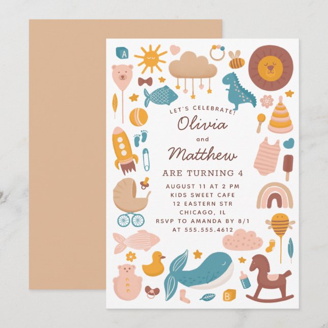 Carte Fête des anniversaires de enfants jumeaux. Jouets  (Devant / Derrière)