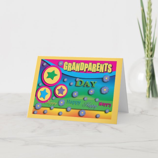 Carte Fête des grands-parents, étoiles et fleurs bleues (Devant)