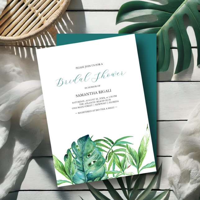 Carte Fête des mariées d'aquarelle Tropical Beach Palms (Bridal shower invitations watercolor tropical leaves art by Victoria Grigaliunas Do Tell A Belle)