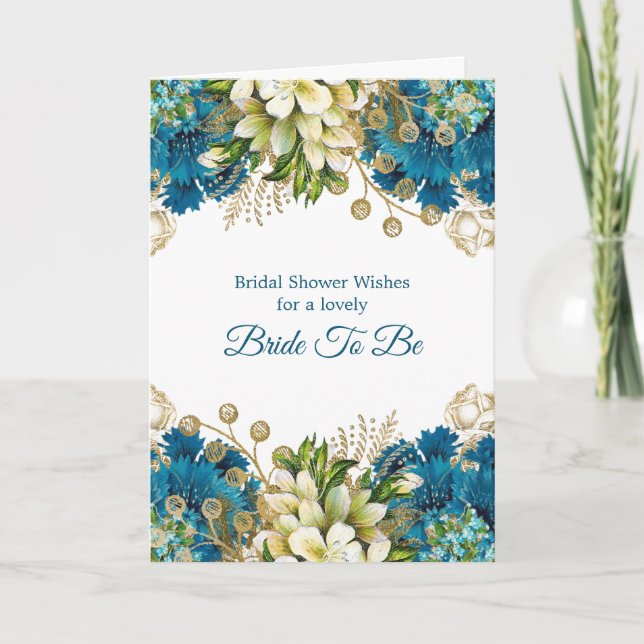 Carte Fête des mariées florale en or bleu glam (Devant)
