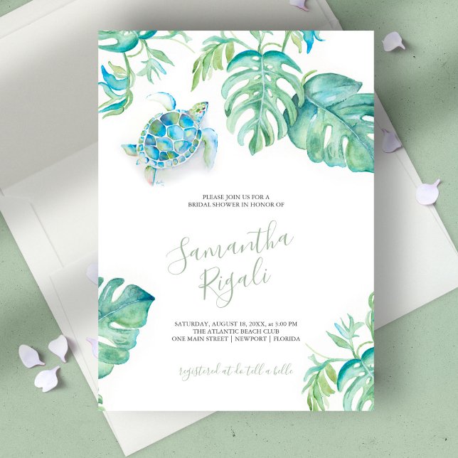 Carte Fête des mariées tropicale de tortue marine Feuill (bridal shower invitation tropical watercolor sea turtle by Victoria Grigaliunas)