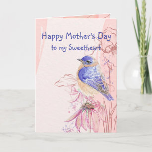 Carte Fête des mères Amour amoureux Bleu Jardin Oiseau