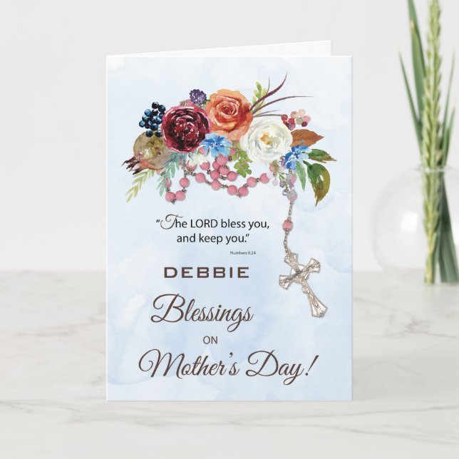 Carte Fête des mères avec Rosaire catholique et fleurs (Devant)