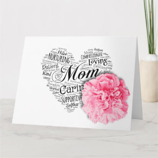 Carte Fête des Mères Cœur Simple et Œillet Rose