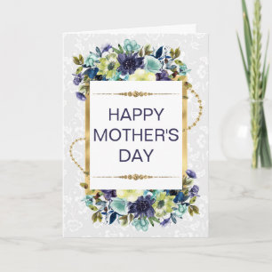 Carte Fête des Mères Crème & Fleurs Bleues & Paillettes