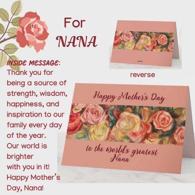 Carte Fête des mères de 'Greatest Nana' Fête des Roses f (A beautiful floral roses Mother's Day card for your special Nana (grandmother)! Customizable.)