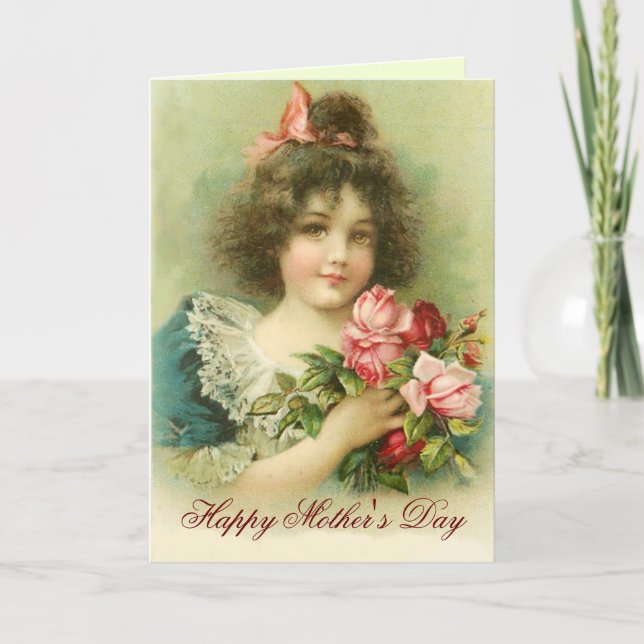 Carte Fête des mères de la petite fille aux roses roses  (Devant)