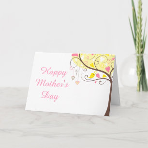 Carte Fête des mères d'oiseaux floraux jaune et rose