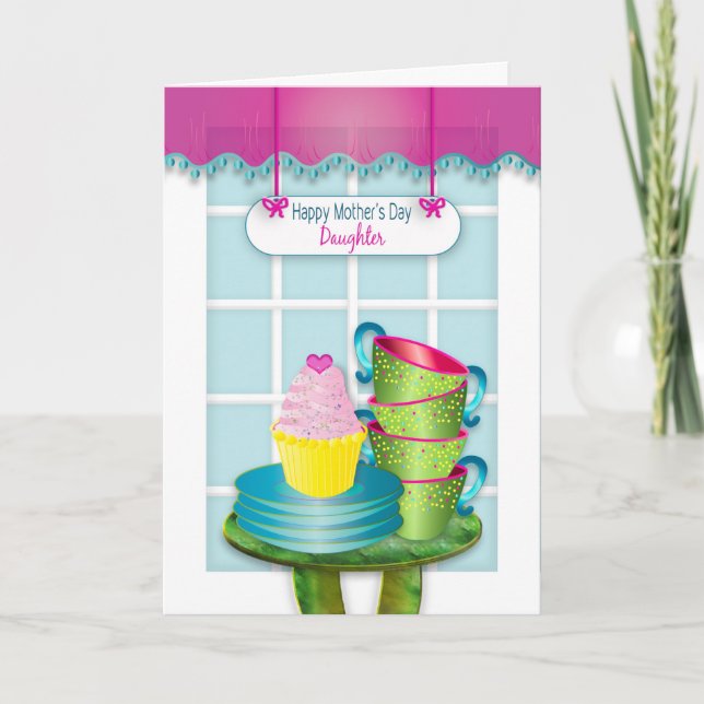 Carte Fête des Mères, fille, Fenêtre et Cupcake et Coupe (Devant)