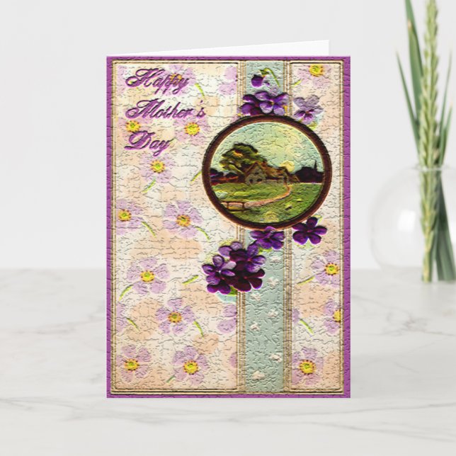 Carte Fête des Mères - Fleurs pourpres, Soleil et Paysag (Devant)
