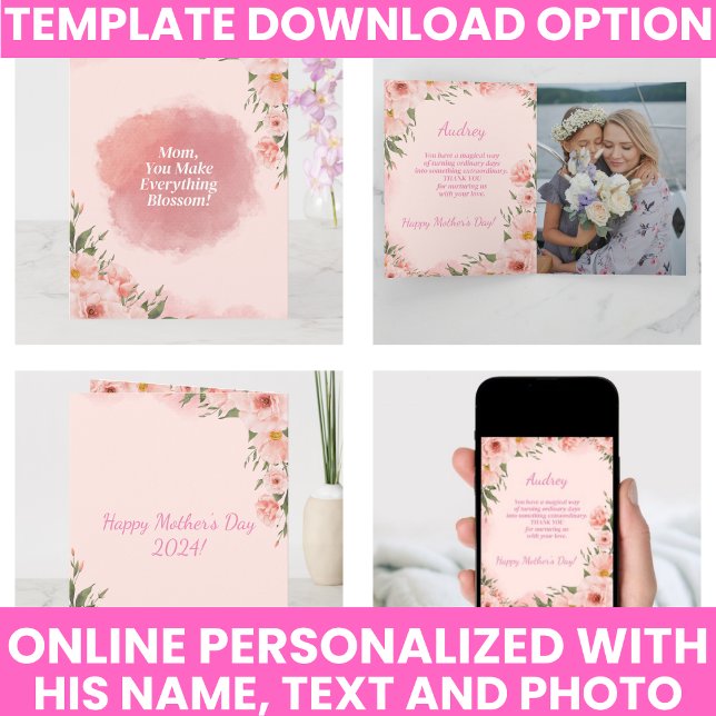 Carte Fête des mères florale rose moderne (Modern Pink Floral Mother's Day Card)