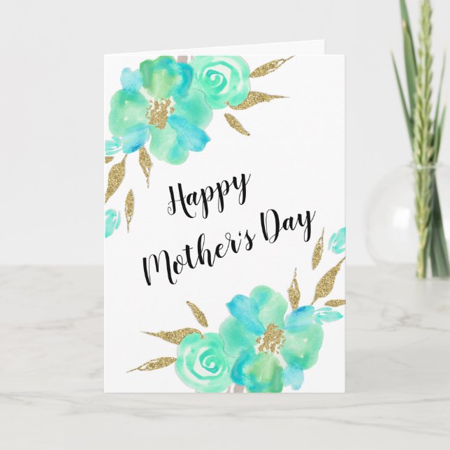 Carte Fête des mères Gold Turquoise Floral Custom Design (Devant)