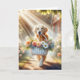 Carte Fête des Mères Golden Retriever avec panier à fleu