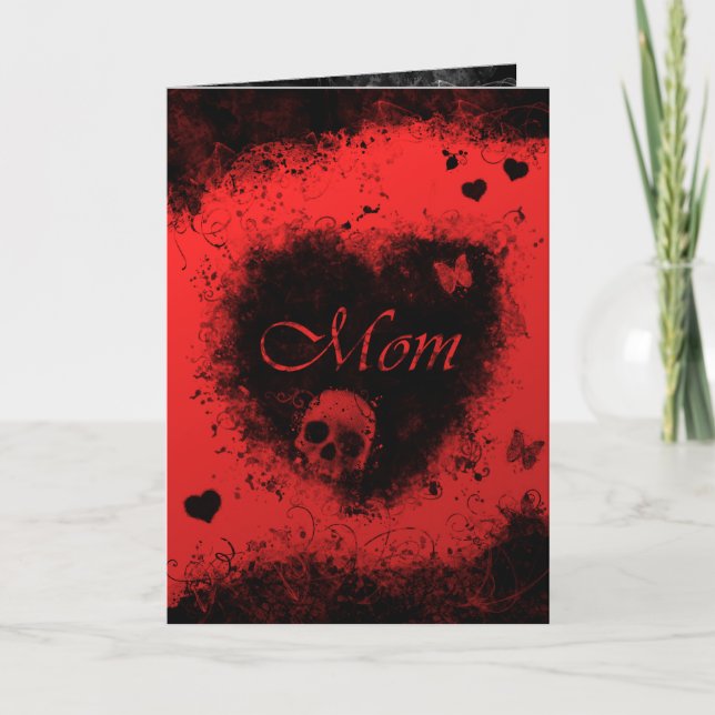 Carte Fête des mères Goth Rouge Noir avec crânes, Coeurs (Devant)