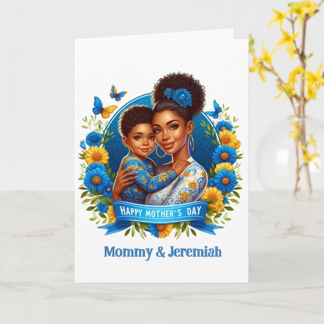 Carte Fête des mères Maman & Fils Bleu/Jaune (Fleur jaune)