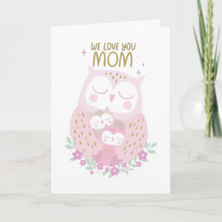 Carte Fête des Mères Mignons Hiboux Rose Pastel Violet