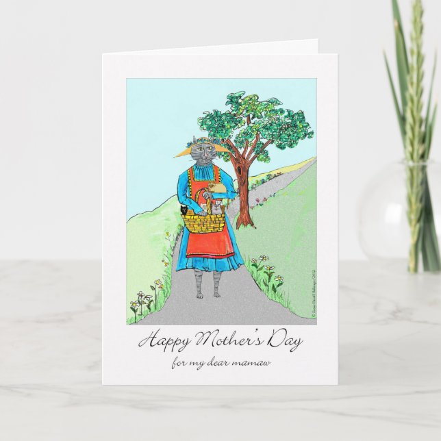 Carte Fête des mères pour Mamaw avec chat et panier (Devant)