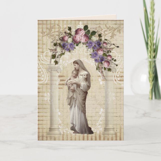 Carte Fête des mères religieuses Vierge Marie Agneau Jés (Devant)
