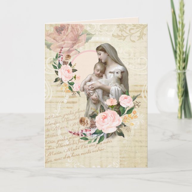 Carte Fête des mères religieuses Vierge Marie Agneau Jés (Devant)
