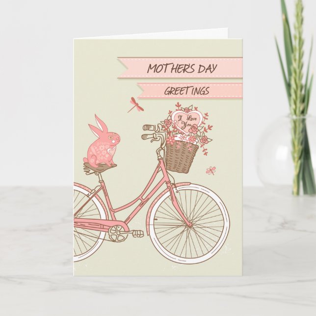 Carte Fête des Mères Rétro Vélo Rabbit & Panier à fleurs (Devant)