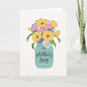Carte Fête des Mères Sœur avec un pot Mason de fleurs ja