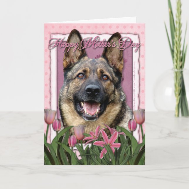 Carte Fête des mères - Tulipes roses - Berger allemand (Devant)
