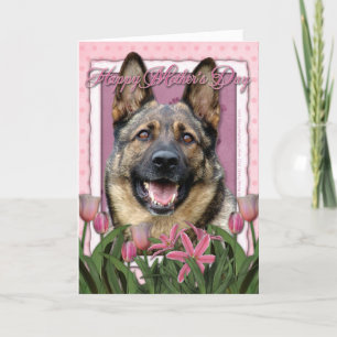 Carte Fête des mères - Tulipes roses - Berger allemand